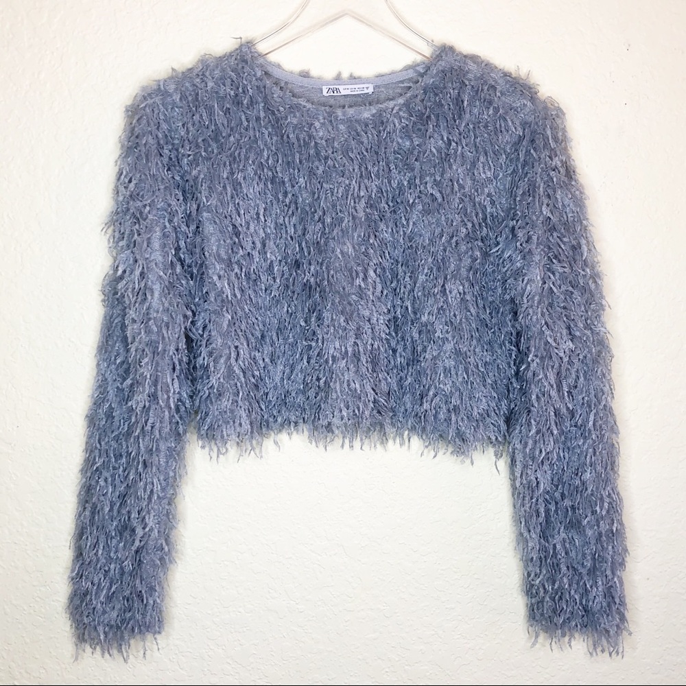 Zara | Blue Feather Effect Cropped Long Sleeve M - Picture 2 of 7